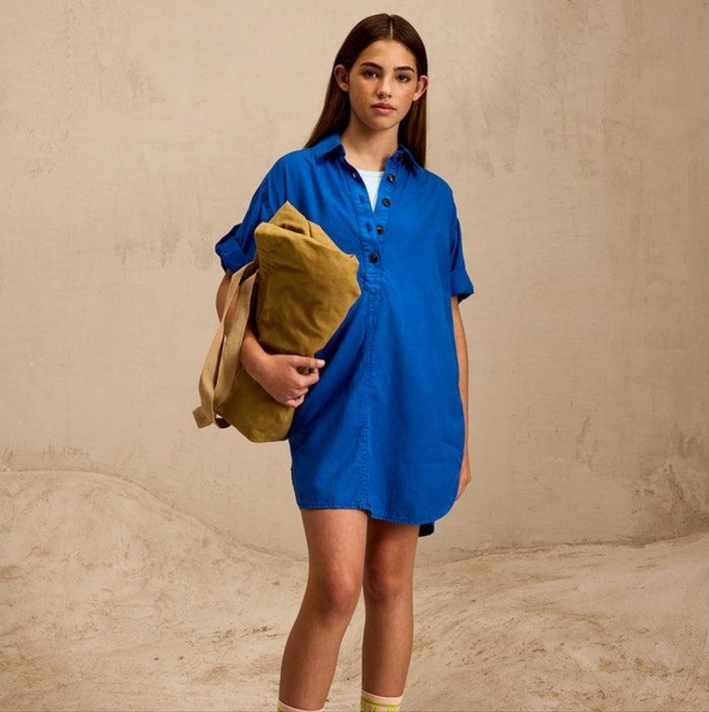Zara Polo Linen Shirt V-Neck Mini Dress Blue Size M